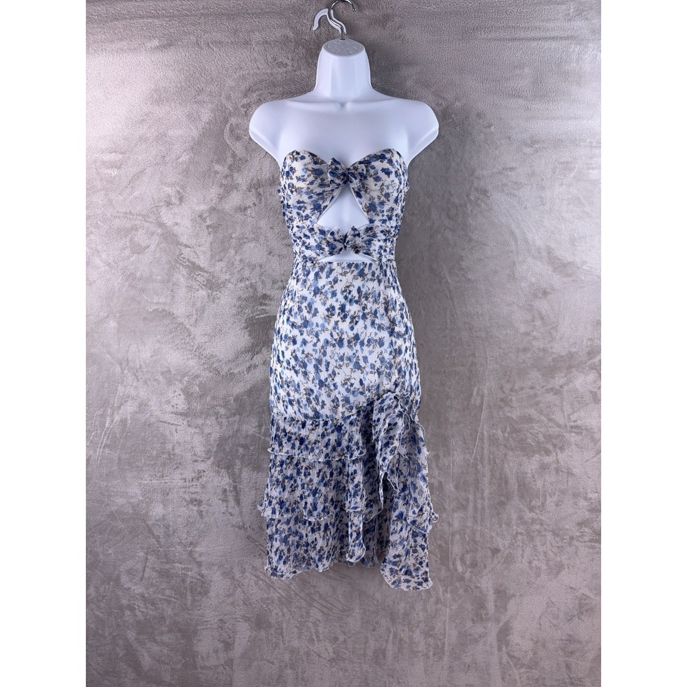 MAJORELLE Blue and White Floral Midi Dress